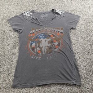 VTG Affliction Shirt Womens L Gray Skull American Flag Cowgirl Western Rodeo USA
